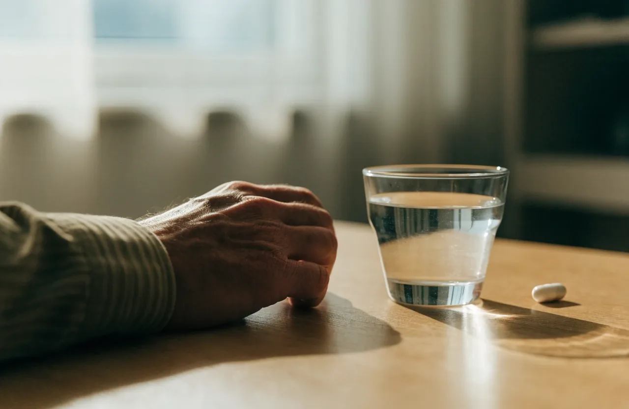 Poranny stół redakcyjny z notatnikiem, szklanką wody i jedną kapsułką