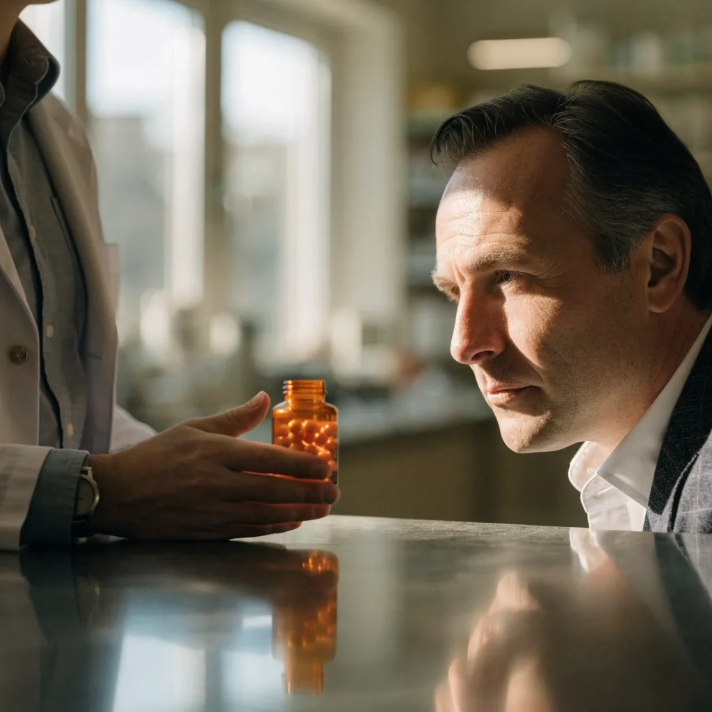 Mężczyzna przy kontuarze w aptece rozmawia z farmaceutą