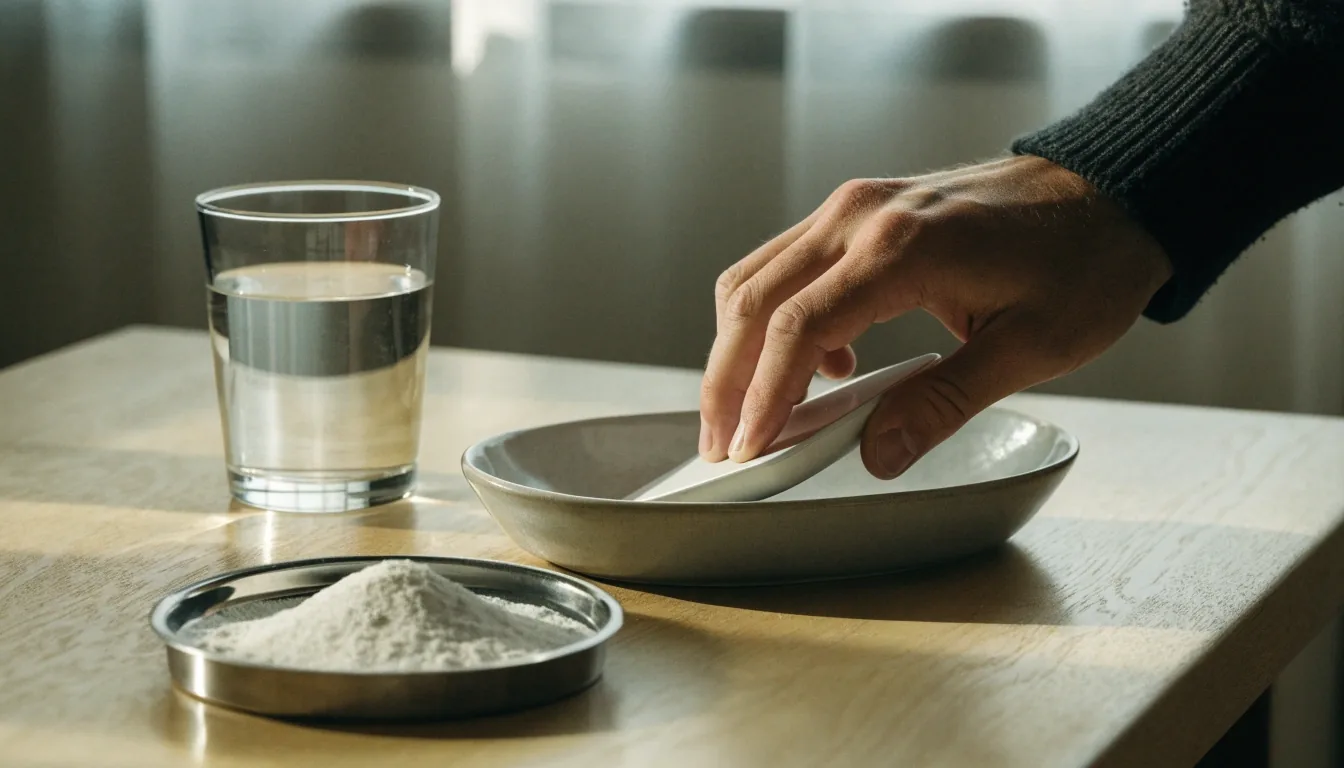 Bare, unbranded formy suplementów ułożone na kamiennym blacie w chłodnym, dziennym świetle